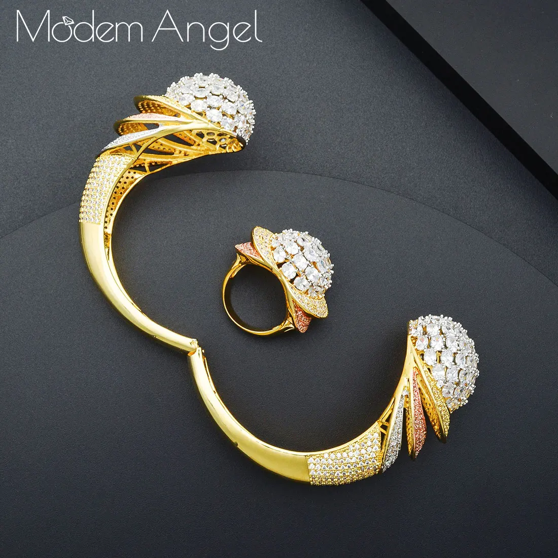 ModemAngel,, хит, амулеты, 2 шт., Африканский браслет/кольцо, набор для женщин, геометрическая форма, Дубай, ювелирный набор, кубический циркон, нигерийские Свадебные ювелирные изделия