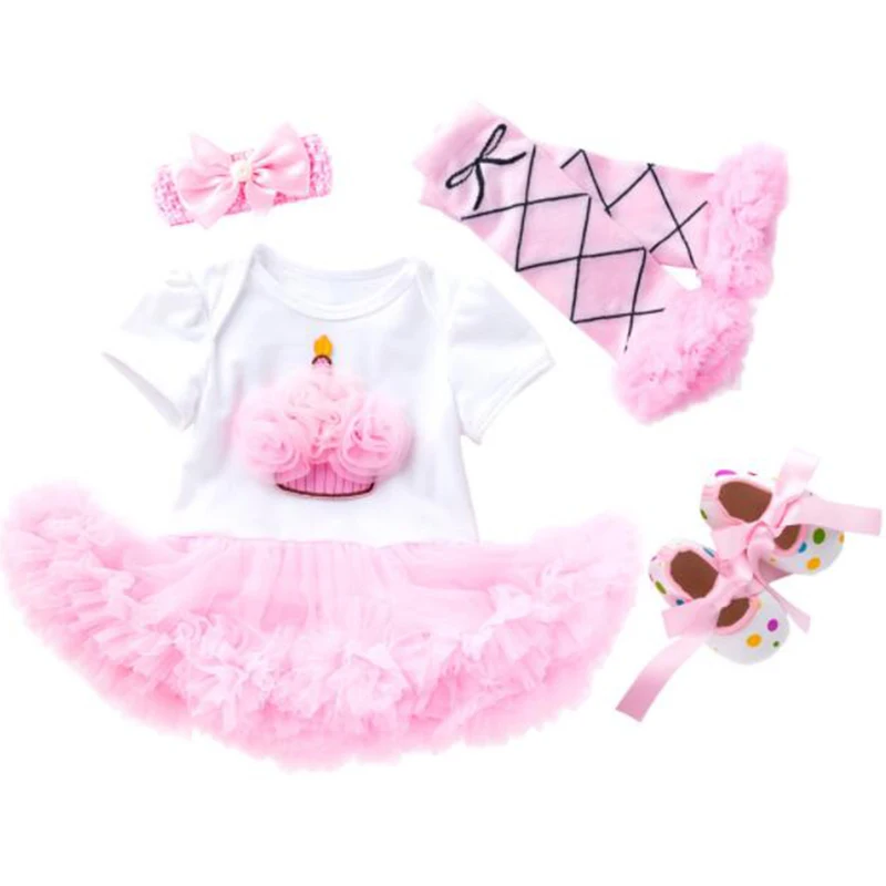 Детские розовые фатиновые наряды принцессы для торта 1 год, платье для дня рождения для маленьких девочек 4 шт./компл., комбинезон+ повязка на голову+ обувь+ гетры