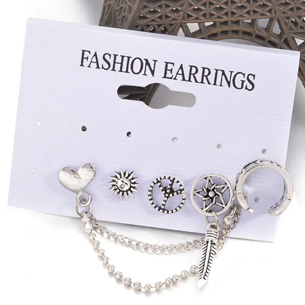 4Pc/Set Chain Eardrop Earring Sun Leaf Heart Shape Earrings Fashion Ear Ring Bohemia Retro Lady | Украшения и аксессуары
