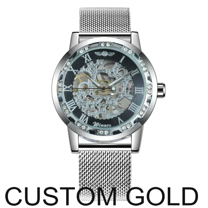 CUSTOM GOLD WINNER официальный Скелет механические часы для мужчин Золотой сетчатый ремешок Кристалл Iced Out мужские s часы Лидирующий бренд Роскошные Аналоговые наручные часы - Цвет: CUSTOM GOLD