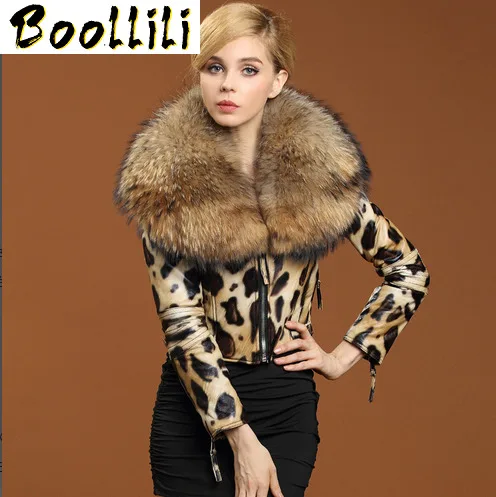 

Boollili Leather Jacket Winter Jacket Women Raccoon Fur Collar Real Sheepskin Coat Female Streetwear Leopard Bomber Jackets