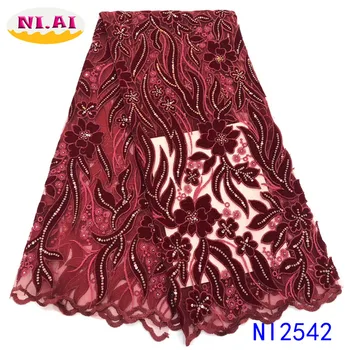 

Wine African Velvet Lace Fabric 2019 High Quality Lace Embroided Lace Fabric In Fabric With Sequins For Woman Dress NAni2542B-2