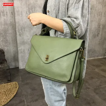

Women Briefcase Genuine Leather Handbags Female Commuter Lock Bag Simple Shoulder Messenger Bag Green 2020 Business Casual Soft