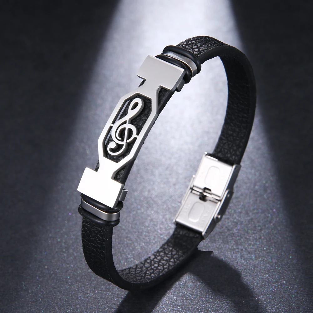 Trend Glamour Jewelry Classical Stainless Steel Music Symbol Bracelet Leather Cuff Bracelet Men And Women Pulsera Hombre bracelet jewelry