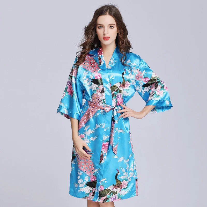 

silk pajamas peacock print nightgown half Sleeves S-XL home service women pajamas nightwear sleep pyjama women