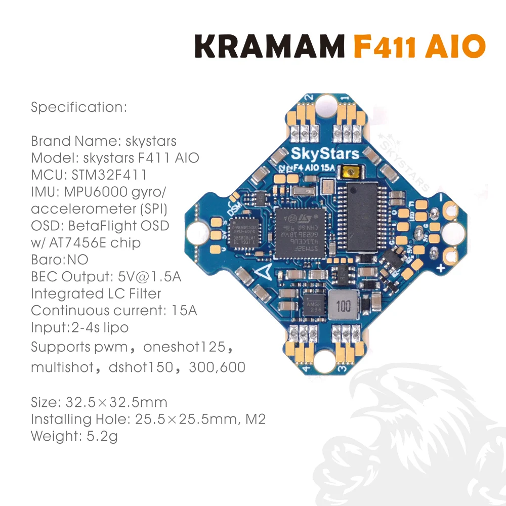 Skystars Kramam F411 AIO 15A ESC и Контроллер полета 2-4S Dshot 300/600 для зубочистки Whoop FPV RC гоночный Дрон