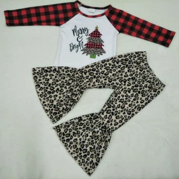 

Baby girls ruffle bell bottom pants buffalo plaid sleeve Christmas tree print outfits kids ready to ship clothing sets