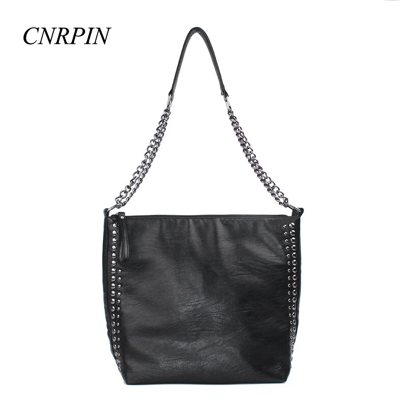 Новая сумка-тоут, простая сумка через плечо, украшенная заклепками и цепочкой, сумка на плечо из мягкой кожи, Большая вместительная сумка