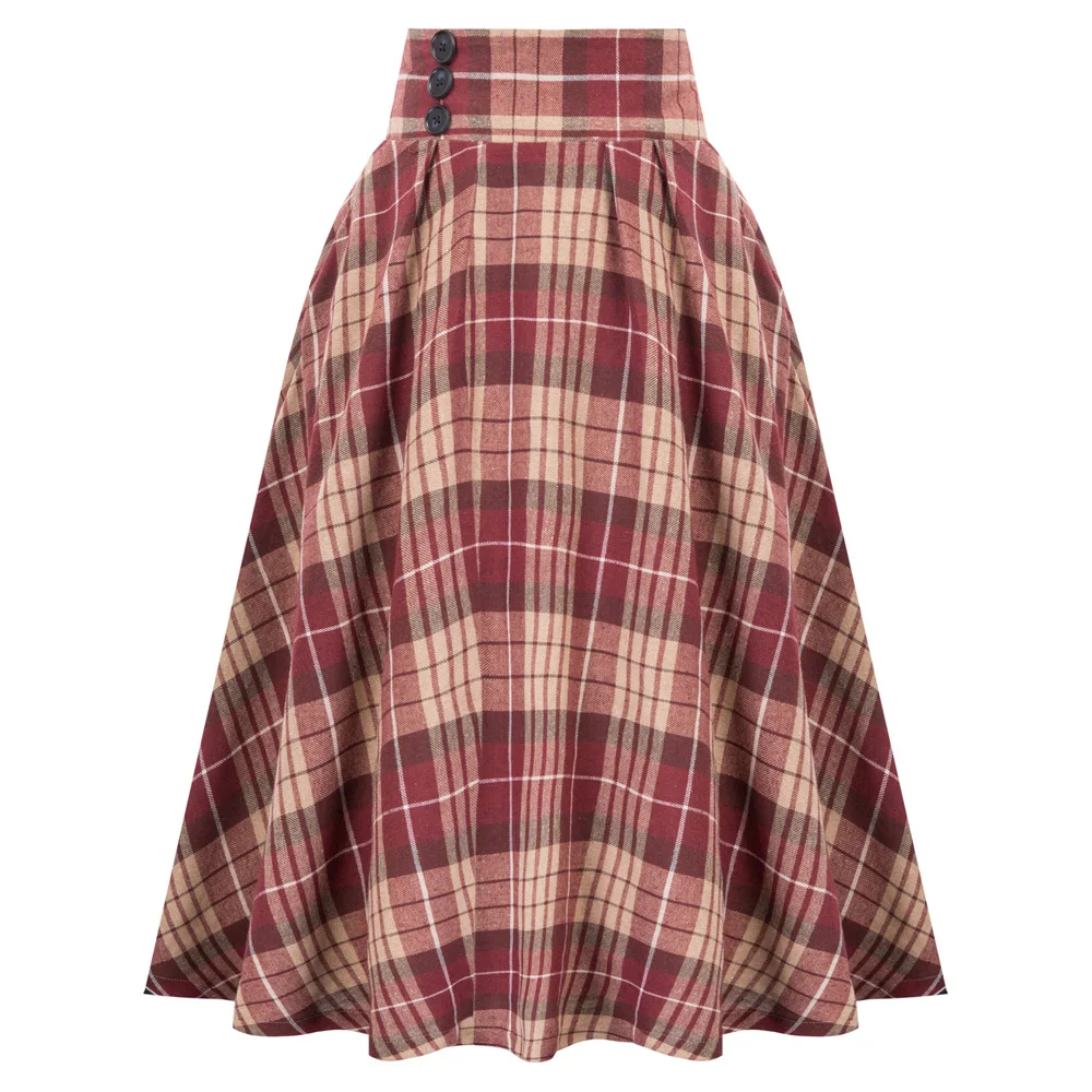 

Women Elastic Waist skirt retro swing mid-length Plaid Skirts High Waist Buttons A-Line elegant autumn lady casual cotton skirt