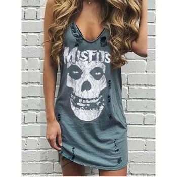 

Casual Skull Printed Beach Dress Sexy V-Neck Women Party Dress Summer Ladies Sleeveless Vest Mini Dresses Vestido Streetwear