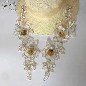 

Embroidery Applique 3D flower Sequins Fashion Neckline Sewing Lace Collar DIY Lace Fabric Dresses Accessories A pair of sale