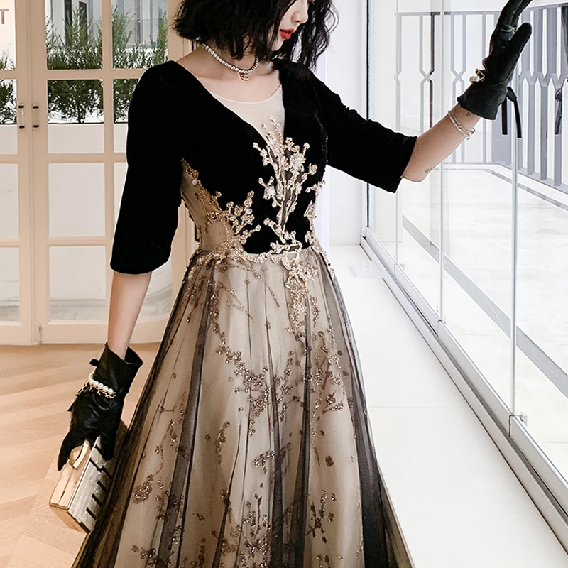 It's Yiiya Customized Evening Dress O-Neck Appliques Bling Half Sleeves  A-Line Pleat Floor-Length Woman Formal Party Gowns A951 - AliExpress 320
