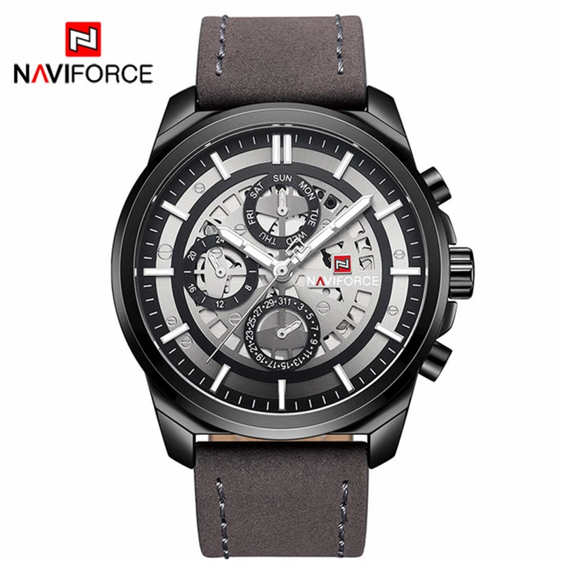 NAVIFORCE, мужские часы, Топ бренд, спортивные, мужские, повседневные, кожа, дата, кварцевые часы, мужские, неделя, армейские, военные, наручные часы, Relogio Masculino - Цвет: Black Gray