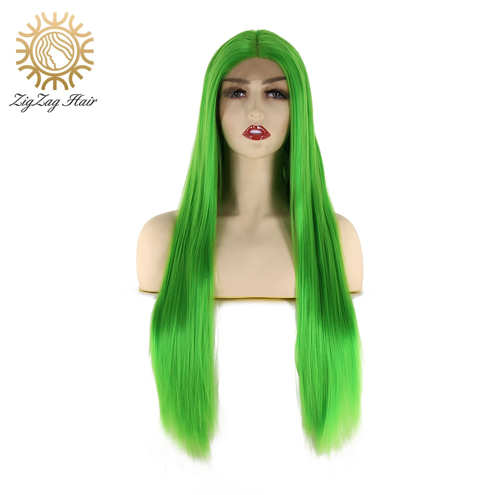 

ZigZag Middle Part Bright Green Wig Synthetic Lace Front Wig for Women Long Glueless Straight Heat Resistant Fiber Cosplay Wig