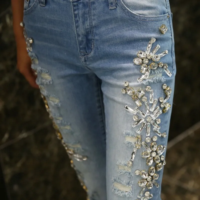 Pantalones vaqueros con diamantes de imitación para mujer, Jeans de grande 25-32 de lujo, con agujeros rasgados, ajustados, hasta el tobillo, primavera 2020 - AliExpress