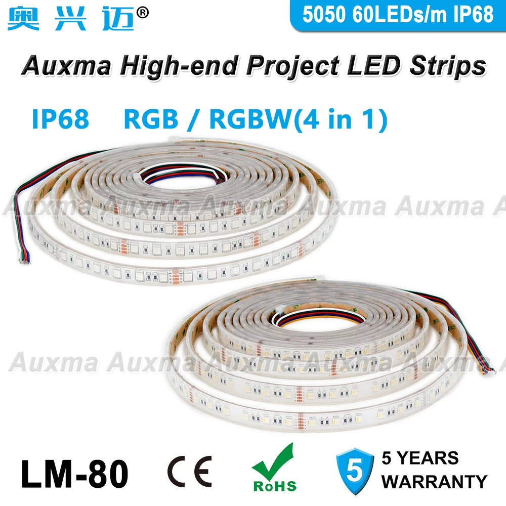

5050 LED Strip RGB/RGBW 4in1 60LEDs/m IP68 300LEDs/Reel,5meter/Reel DC12V/24V Silicone Outdoor Waterproof CRI90,for bath Garden