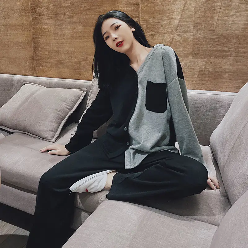 

Spring / Summer 2021 New Long-sleeved Trousers Ladies Pajamas Suit Simple Style Patchwork Long Pajamas Women's Home Service