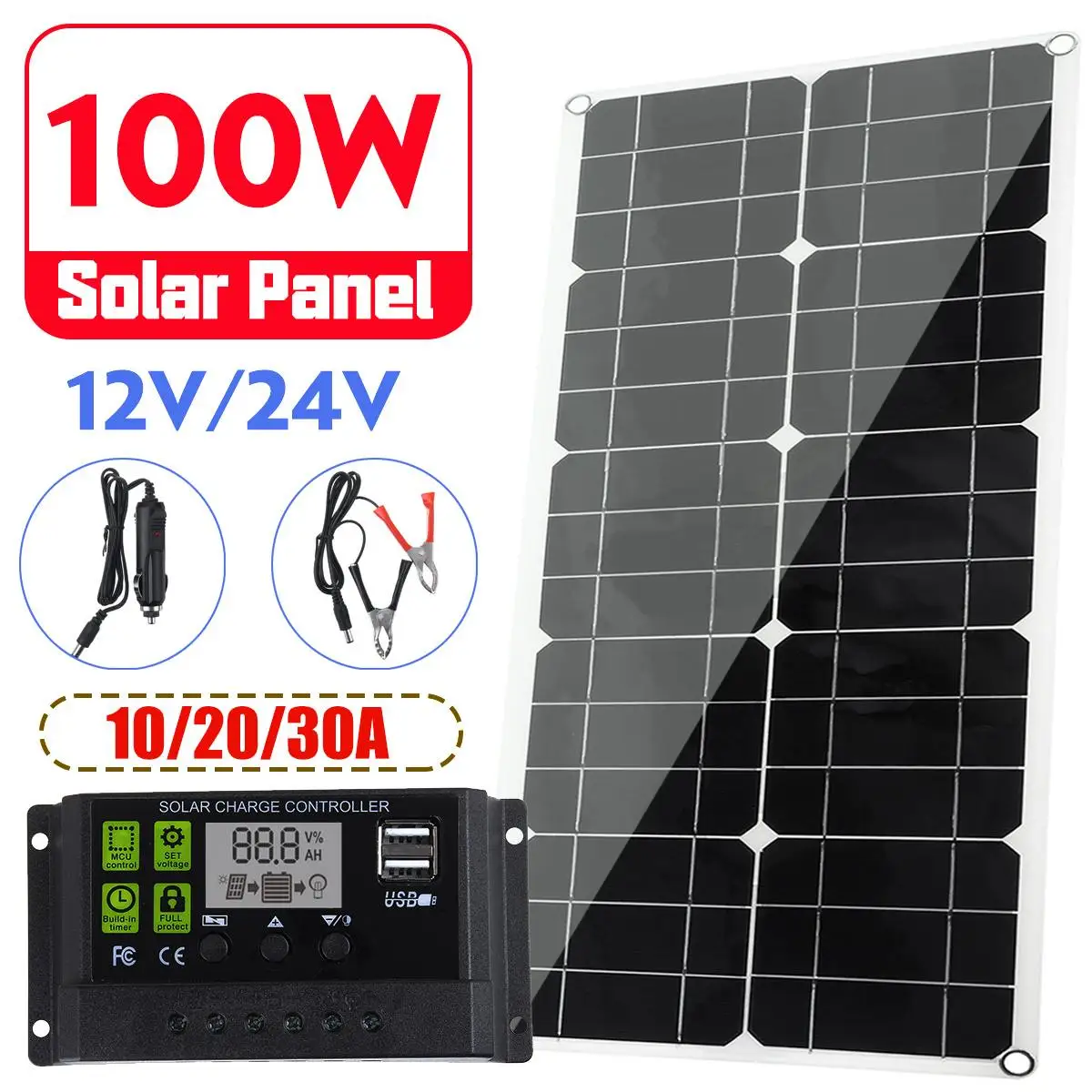 

100W Solar Panel 12V/24V LCD Display PWM Solar Charge Controller 2 Bank Board External Battery Charging USB Car Charger