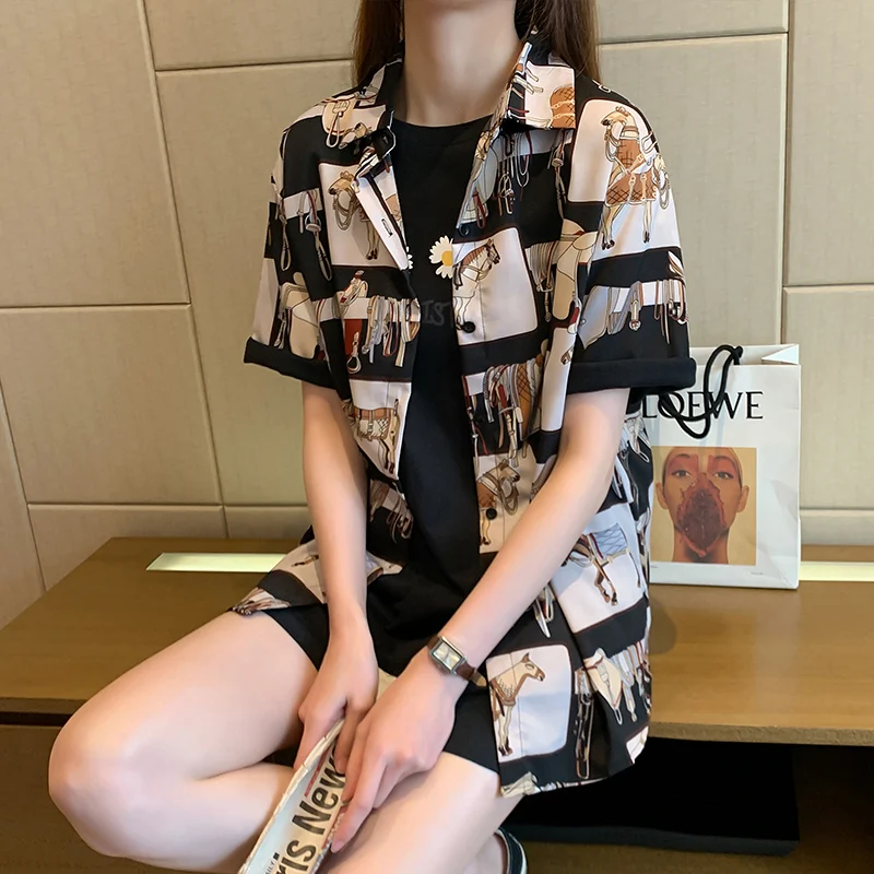 Fashion Women Print House White Shirt Chic Checked Shirts Blouse Short Sleeve Female Casual Print Shirts Loose Retro Tops Blusas