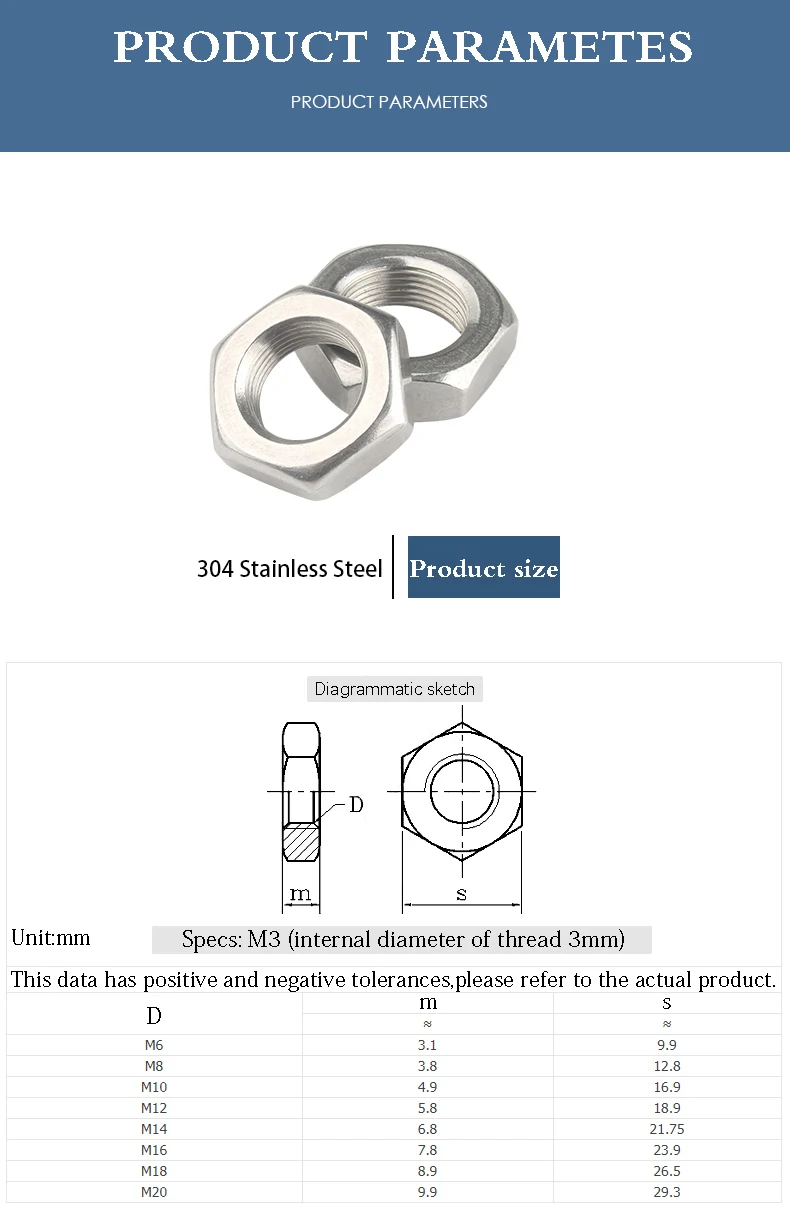 DIN439 GB6172 Hexagon Thin Nut 304 Stainless Steel Hex Nut Metric Thread M6 M8 M10 M12 M14 M16 M18 M20 M22 M24