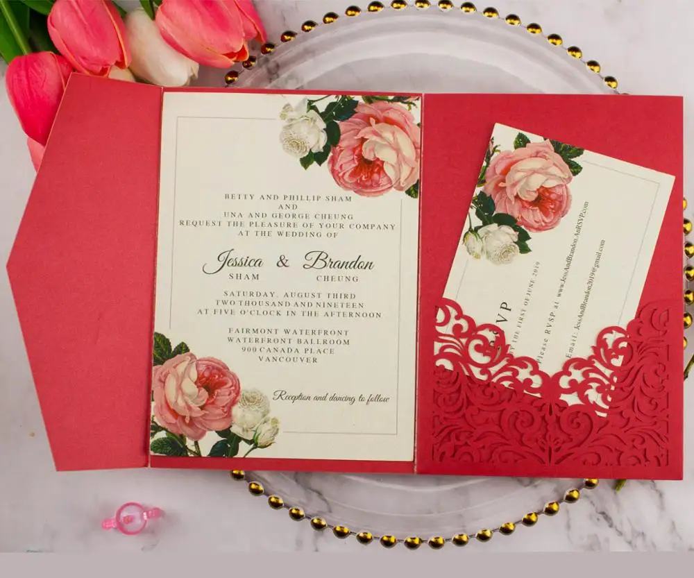 Pack of 10 Red Embossed Tri-Fold Wedding Invitation Laser Cut Pocket 