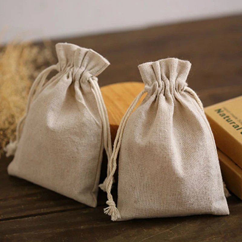 50PCS Natural Linen Gift Bag Drawstring Pouch Packing Jewelry Birthday Wedding Party Candy Jute Reusable Sack Print Logo Custom