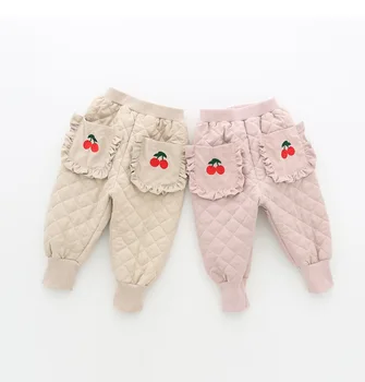 

Autumn and Winter Trousers New Kids Babies Children Girls Cherry Embroidery Pants Lovely Pocket Pants Kids Plus Cotton Pants