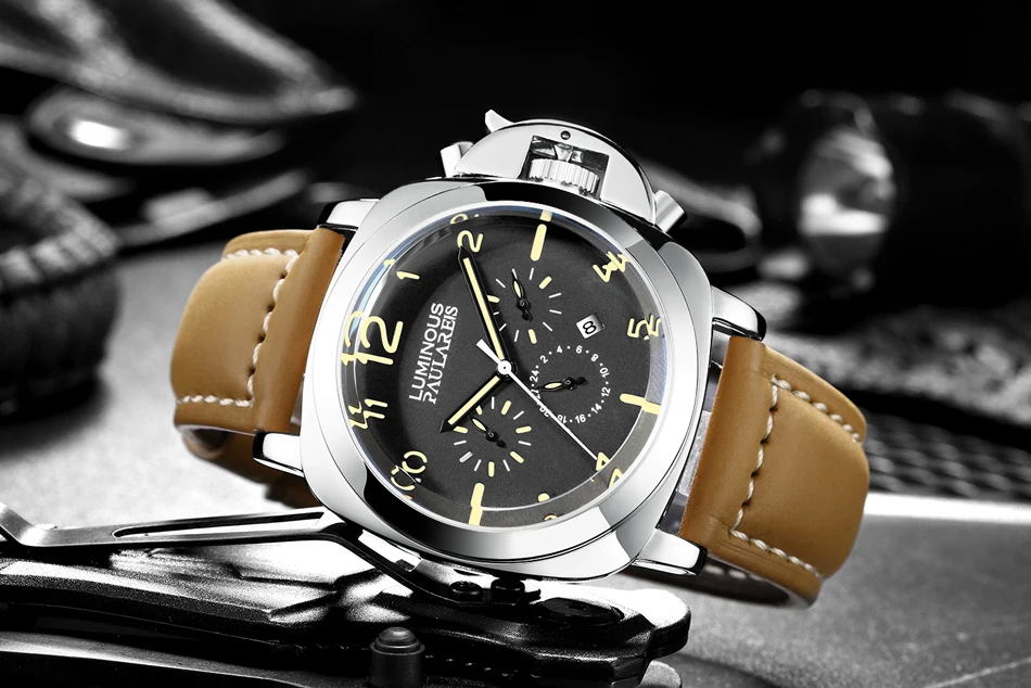 Automatic Self Wind Mechanical Genuine Brown Leather Strap Multifunction Date Month Yellow Green Luminous Rose Gold Men Watch