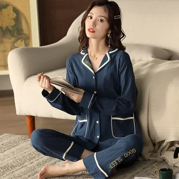 

Pijama Invierno Mujer 2020 Autumn New Cotton Pajamas Women Tight Cardigan Lapel Korean Style Simple Night Suits for Women