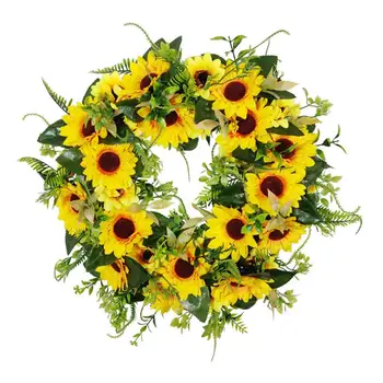 

55cm Artificial Sunflower Wreath Decorative Wreath Garland With Green Leaves For Front Door For Thanksgiving Home Decoration