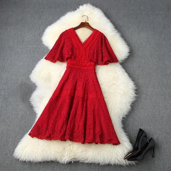 

Seifrman Women Autumn Fashion Designer A-Line Dress Hollow Out Secy V-Neck High Waist Solid Printed Ladies Party Midi Dresses