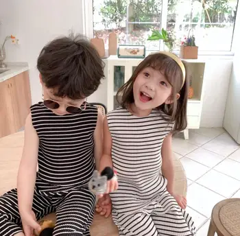 

2020 Korea Style Girls Boys 2 Pcs Striped Set Vest+Long Pants Fashion Summer Girls Suits 2-7years QH569