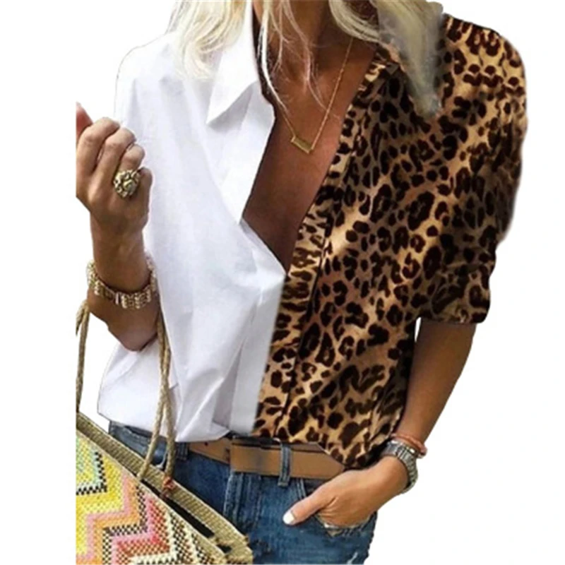 

Leopard Stitching Loose Shirt Autumn Long Sleeve Casual Turn Down Collar Women Plus Size Shirts Street Sexy Low-Cut Blouse Tops