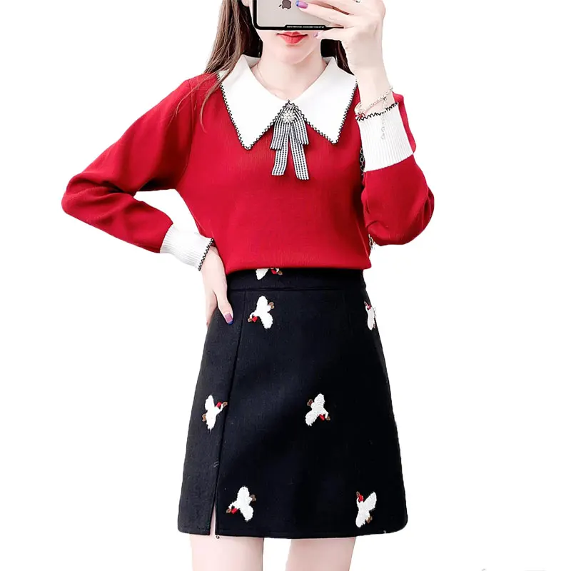 

Autumn Winter Women Pullover Sweater A Line Skirt Suit Blown Street Female Sweet Pure Fresh Two-Piece Outfit Fashion Knitwear