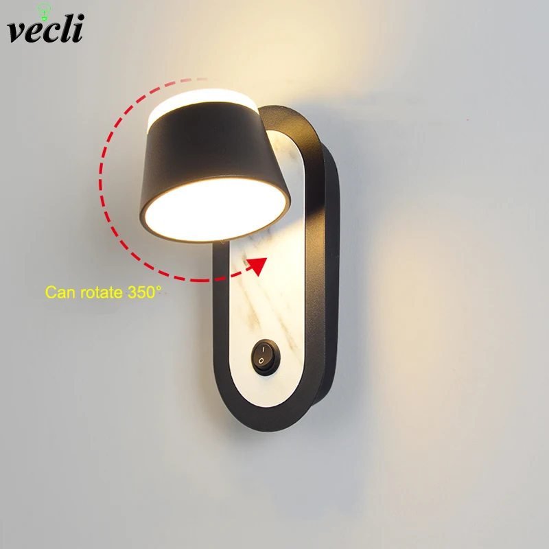 Lampade Da Parete Per Interni A Led Rotazione Con Interruttore Lampada Per Soggiorno Camera Da Letto Comodino 7W Nero Bianco Corridoio Applique Decora