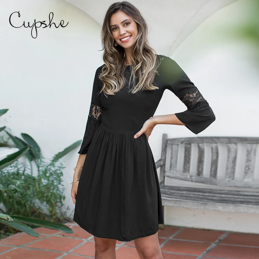CUPSHE Solid Black Hollow Out Lace Sleeve 3/4 Sleeve Mini Dress 2021