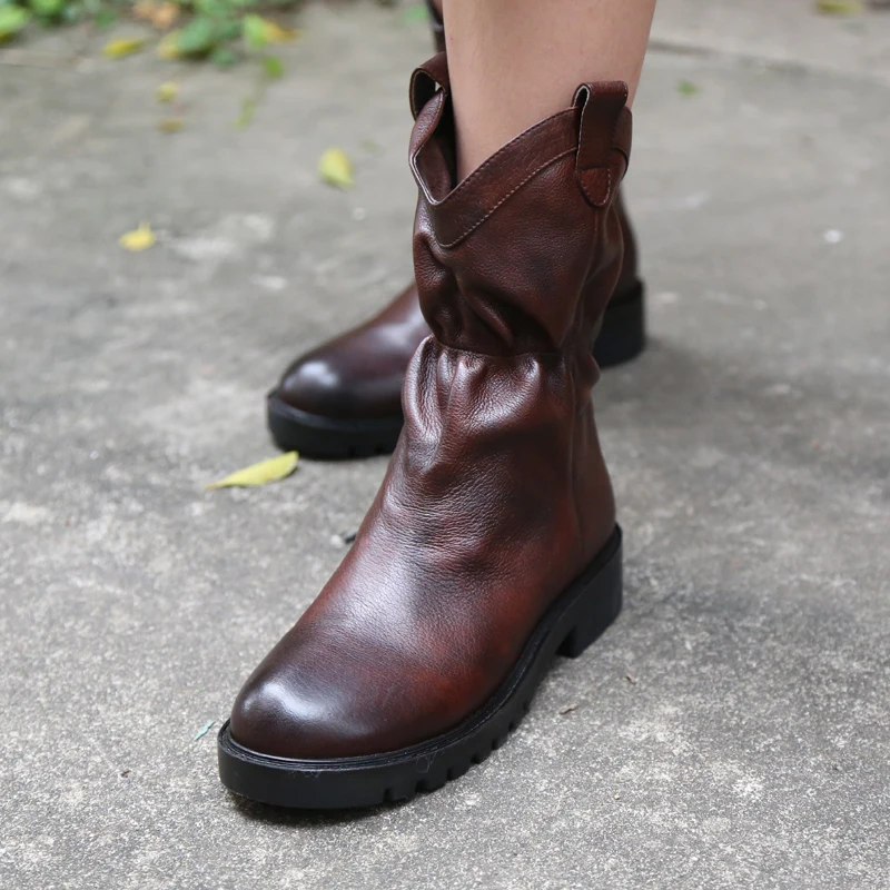 

Original Genuine Leather Handmade Women Boots Retro Round Toe Middle Calf Boots How Heels Comfortable Slip-on Cowhide Boots