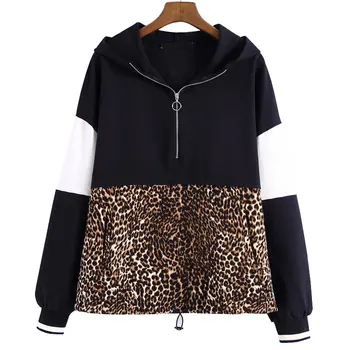 

Women Leopard Hooded Sweatshirts Animal Pattern Patchwork Pockets Drawstring Tie Pullovers Female Casual Chic Tops HA165