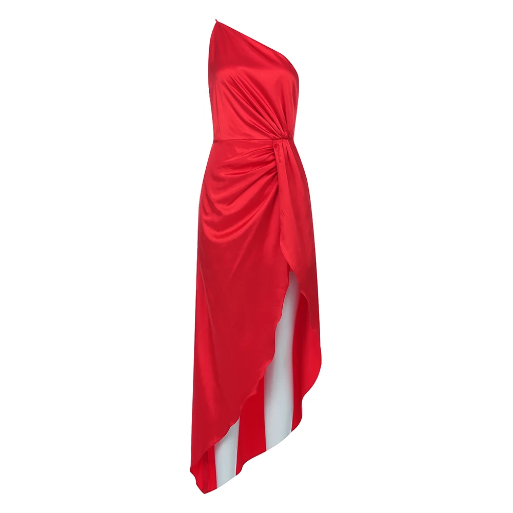 Модное Черное Красное Атласное сексуальное платье с одним плечом, новое летнее женское платье до середины икры, Клубная одежда, вечерние платья знаменитостей