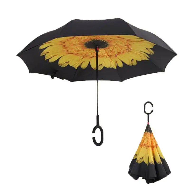 Sunflower Ветрозащитный обратный складной двухслойный перевернутый Chuva зонтик самостоящий наизнанку защита от дождя c-крюк руки для автомобиля - Цвет: Sunflower