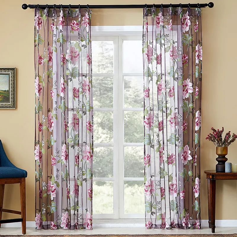 Topfinel Tulle Curtains for Living Room Floral Window Sheer Curtain For Living Room Bedroom Purple Curtains Flower Custom Size
