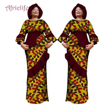 

WY1633 2020 Spring Autumn Women Suits African Dashiki Long Sleeve Top and Skirt Set with Head wrap Popular Kanga Women Clothing