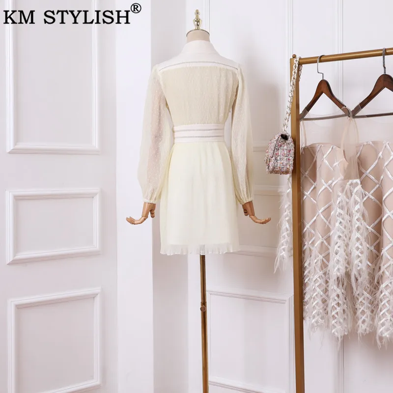 Women's Clothings Pleated One-piece Dress Autumn New Stand Collar Lantern Long Sleeve Single Breasted Polka Dot Lace | Женская