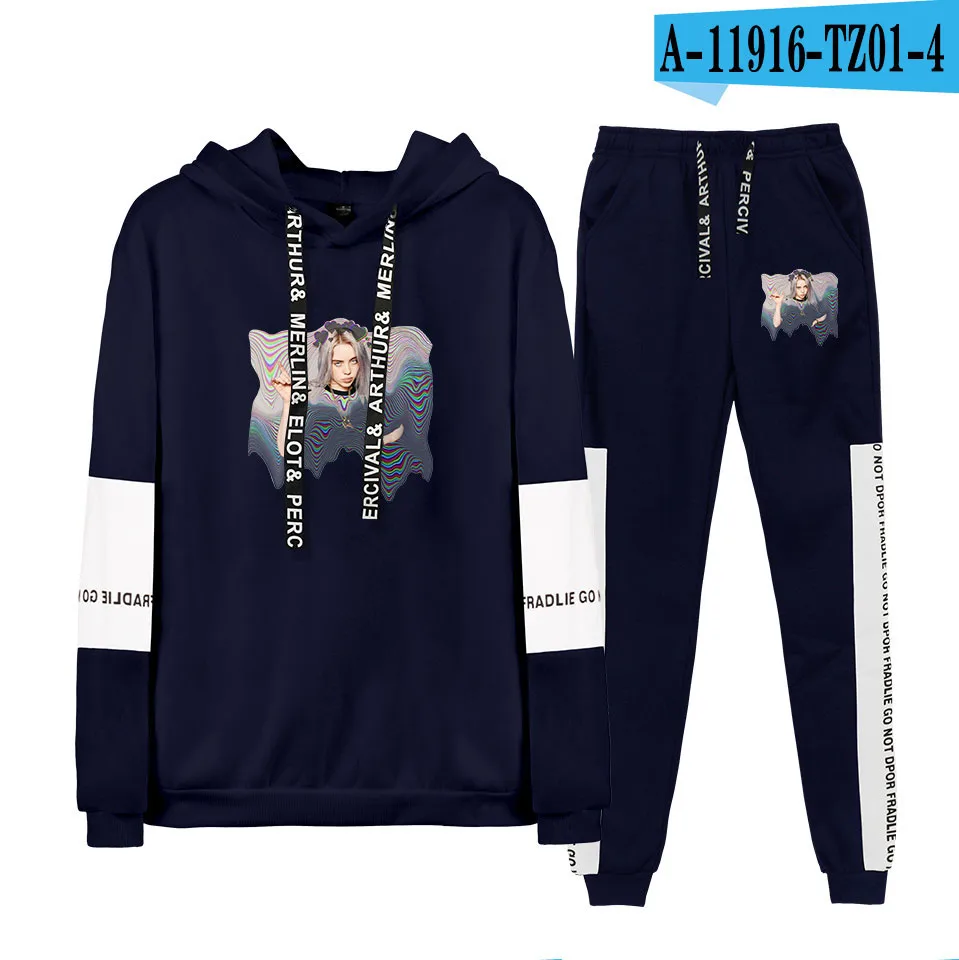 Navy Billie Eilish Новинка; комплекты толстовок Billie Eilish; Harajuku; толстовка с капюшоном+ спортивные штаны; комплект спортивной одежды; Billie Eilish; уличная одежда; костюм - Цвет: Navy Billie Eilish