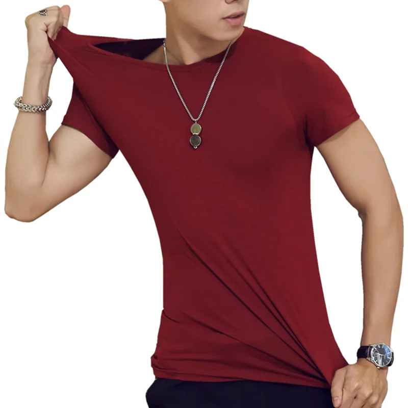 

Short Sleeve T Shirt for Men Stretch Solid V Neck Top Tees Slim Fit Fashion Male Tshirt Invisible Undershirt Summer Streetwear
