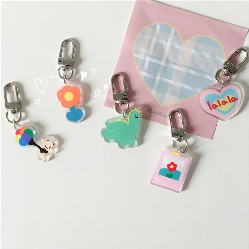 Cartoon Cute Mini Dinosaur Flower Keychain Korean Ins Double Sided Key Holder Girl Bag Airpods Kawaii Decorative Pendant Acrylic