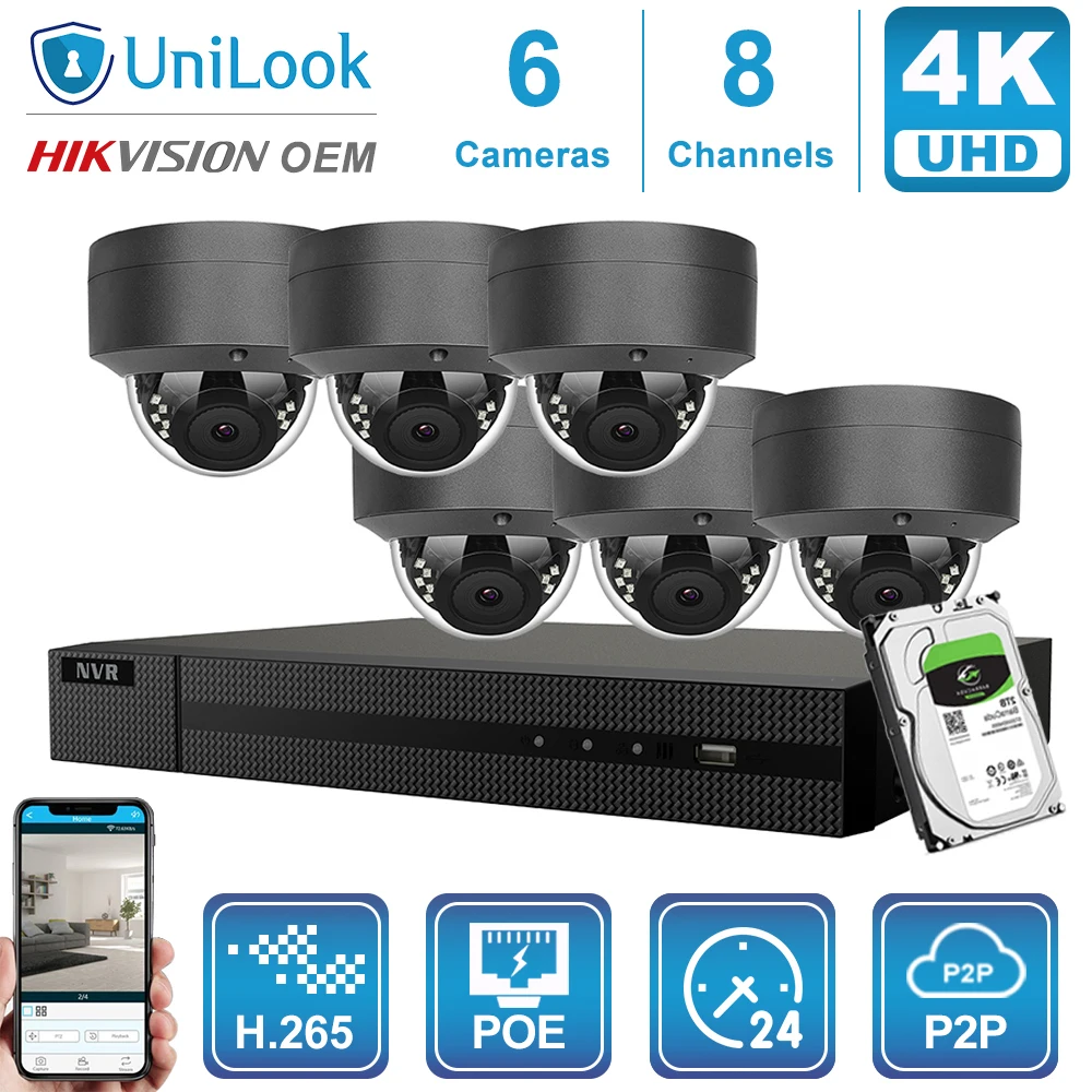  Hikvision OEM 4K 8CH NVR 8MP POE IP Camera 4/6/8PCS Kit Outdoor Security Systems ONVIF H.265 CCTV N