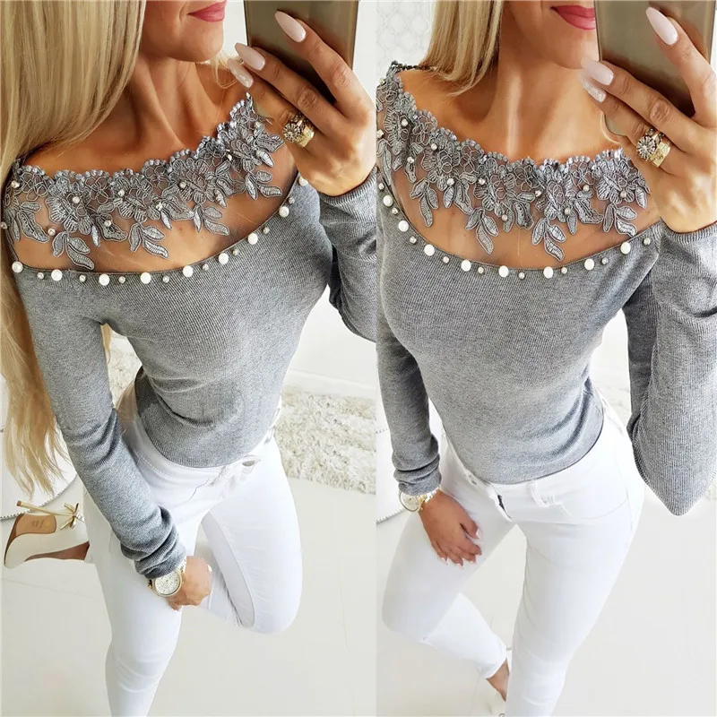 

2020 Spring And Summer Sexy Wave Side One-word Shoulder Perspective Lace Pearl Top