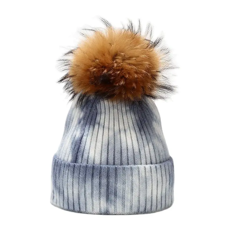 Wool Beanies Women Real Fur Pom Poms 