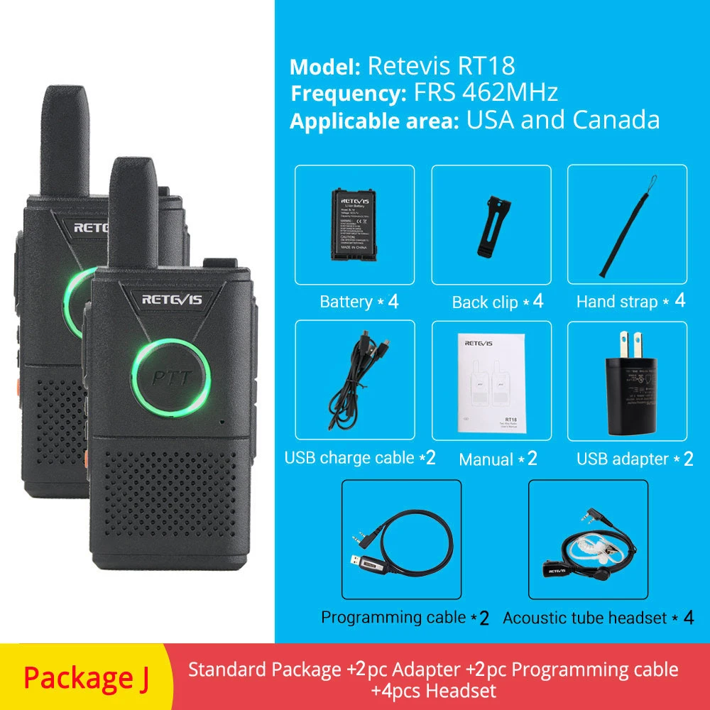 4 шт. RETEVIS RT618/RT18 PMR радио перезаряжаемая мини рация PMR446 PMR 446 FRS Dual PTT VOX двухсторонняя рация - Цвет: FRS RT18-Package J